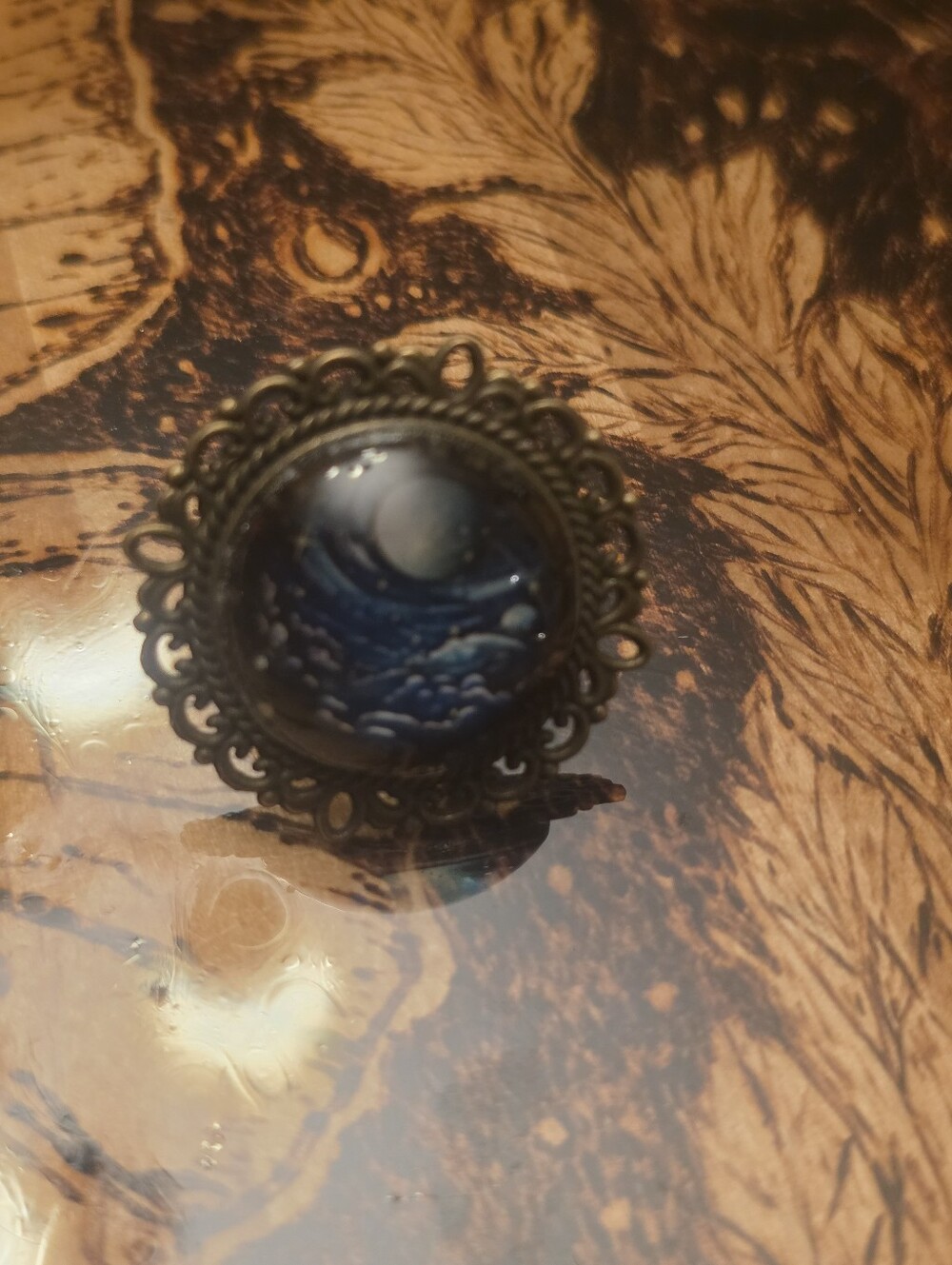 Moon & Ocean Swirl Glass Cabochon Inside A Brinze Tone Adjustable Ring